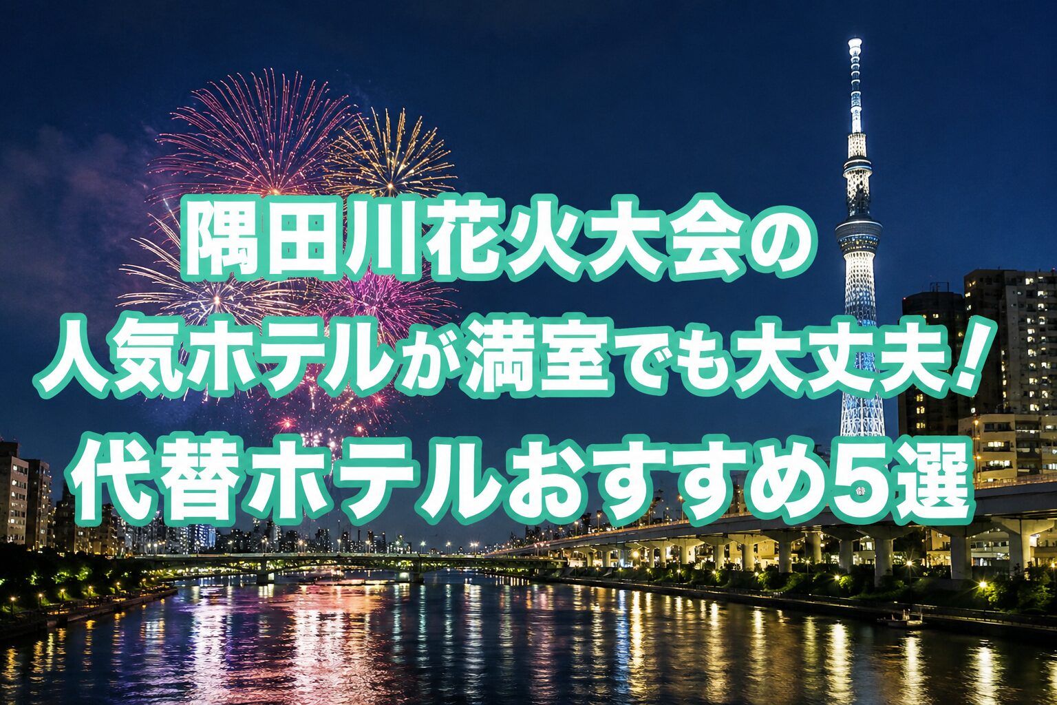隅田川花火大会の人気ホテルが満室でも利用しやすい代替ホテル5選を紹介するアイキャッチ画像。東京スカイツリーと隅田川、夜空を彩る花火を背景に、花火大会に便利なホテルをイメージした実写風デザイン。