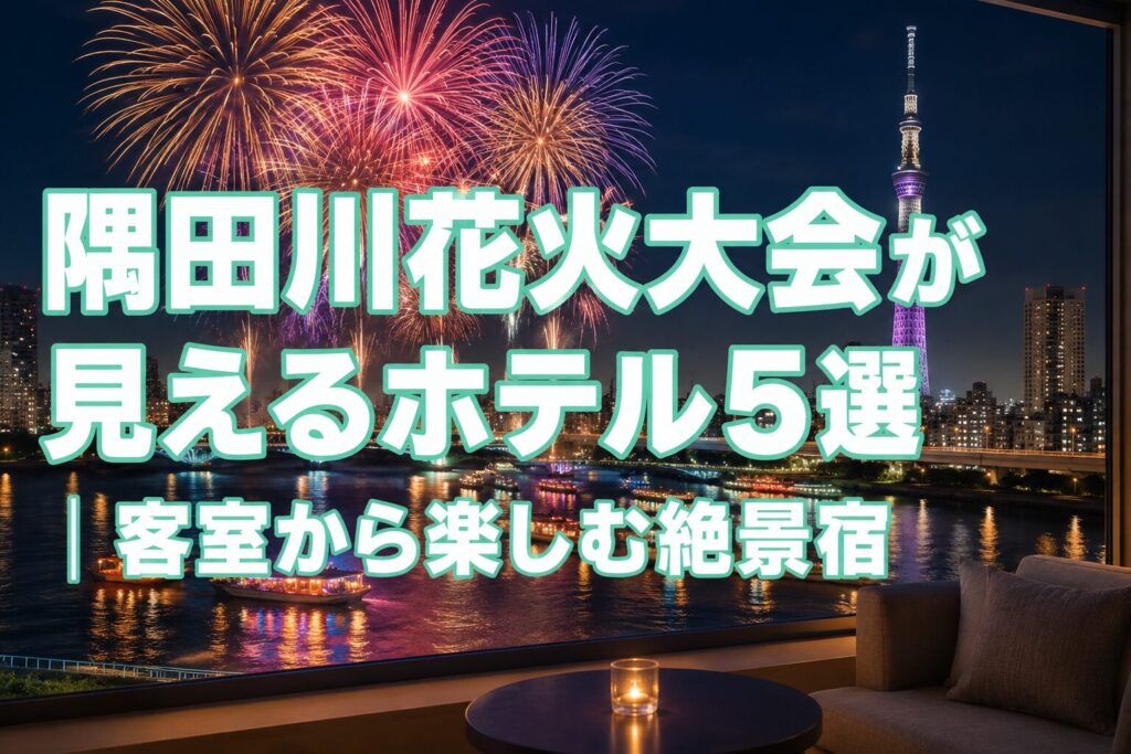 隅田川花火大会が見えるホテル5選を紹介する記事のアイキャッチ画像。ホテルの客室から隅田川花火大会と東京スカイツリーを一望できる絶景を実写風で表現し、花火鑑賞におすすめの宿をイメージしたデザイン。