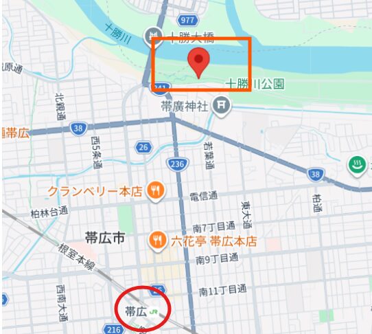 勝毎花火の最寄り駅(帯広駅)から花火会場までのアクセス地図
