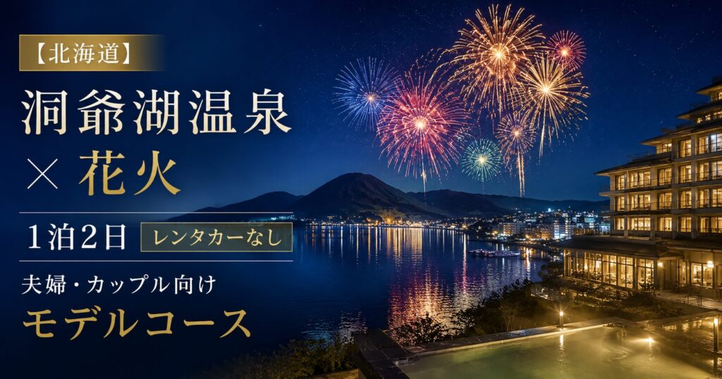 北海道・洞爺湖温泉の夜景と湖上花火を背景にした、レンタカーなしで楽しむ夫婦・カップル向け1泊2日モデルコースのアイキャッチ画像