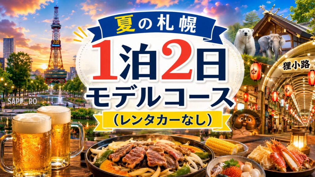夏の札幌1泊2日モデルコース（レンタカーなし）のアイキャッチ。大通公園やさっぽろテレビ塔、ビアガーデン、ジンギスカンなど夏の札幌観光をイメージしたデザイン。