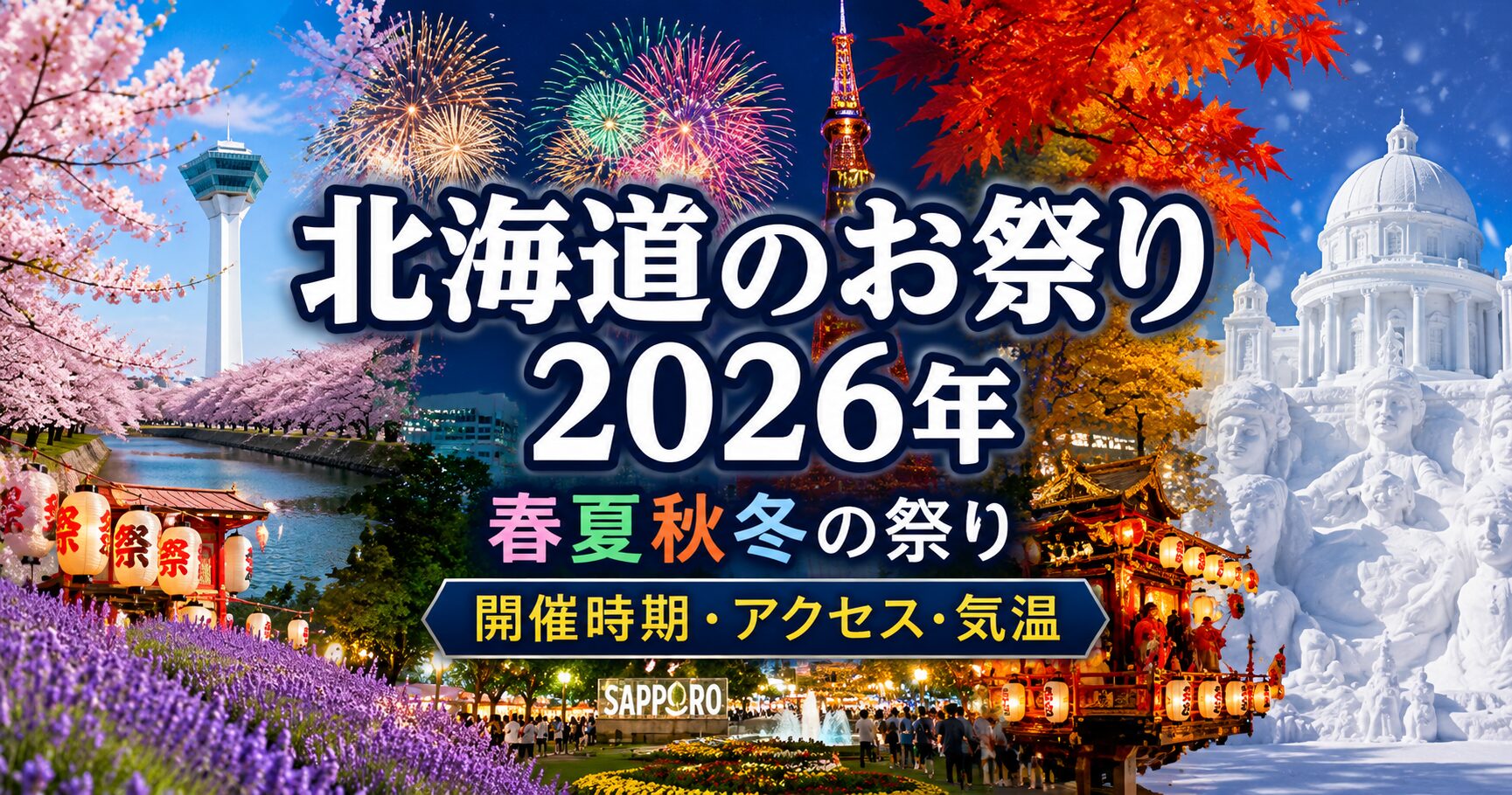 北海道のお祭り2026年のアイキャッチ画像。ラベンダー畑や大通公園、花火、紅葉、雪まつりの雪像を背景に、春夏秋冬の祭りの開催時期・アクセス・気温を紹介する記事。