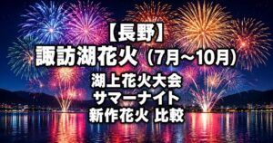 長野県諏訪湖の7月〜10月の湖上花火大会・サマーナイト花火・新作花火大会を紹介するアイキャッチ画像。