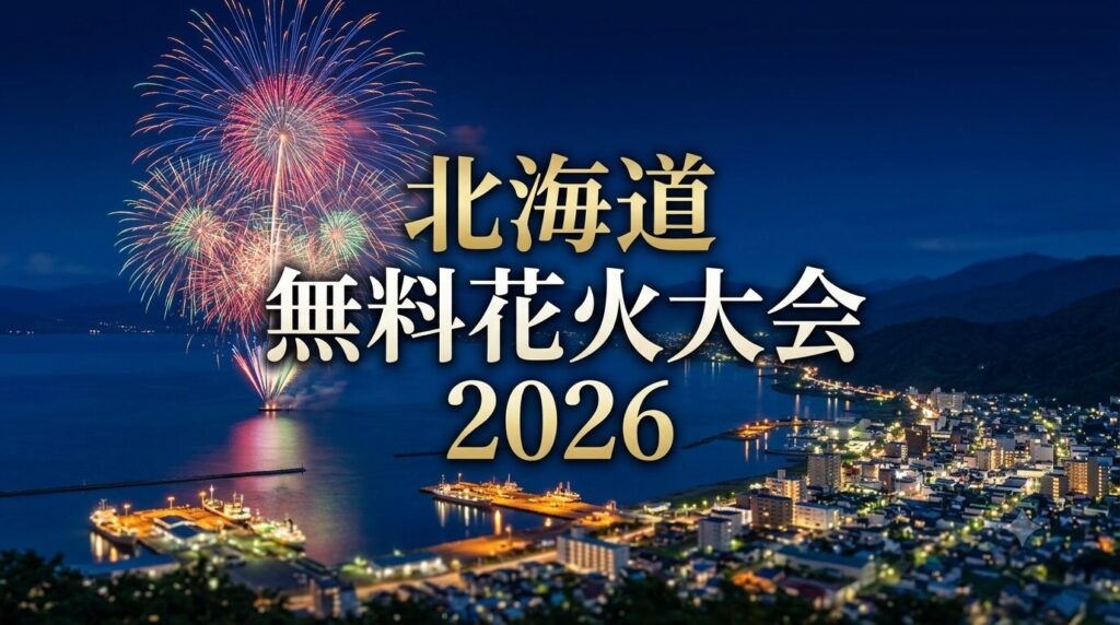夜の北海道の港町と、夜空に咲く鮮やかで大きな花火を背景にした、旅行ブログ用のアイキャッチ画像。中央には、金色のアクセントが効いた白い文字で「北海道 無料花火大会 2026」と大きく書かれています。全体的に高級感のある実写風のデザインです。